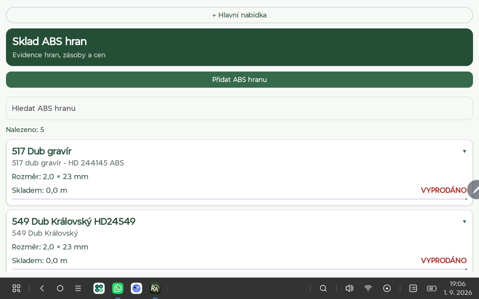Sklad ABS hran v aplikaci ŘezAsistent