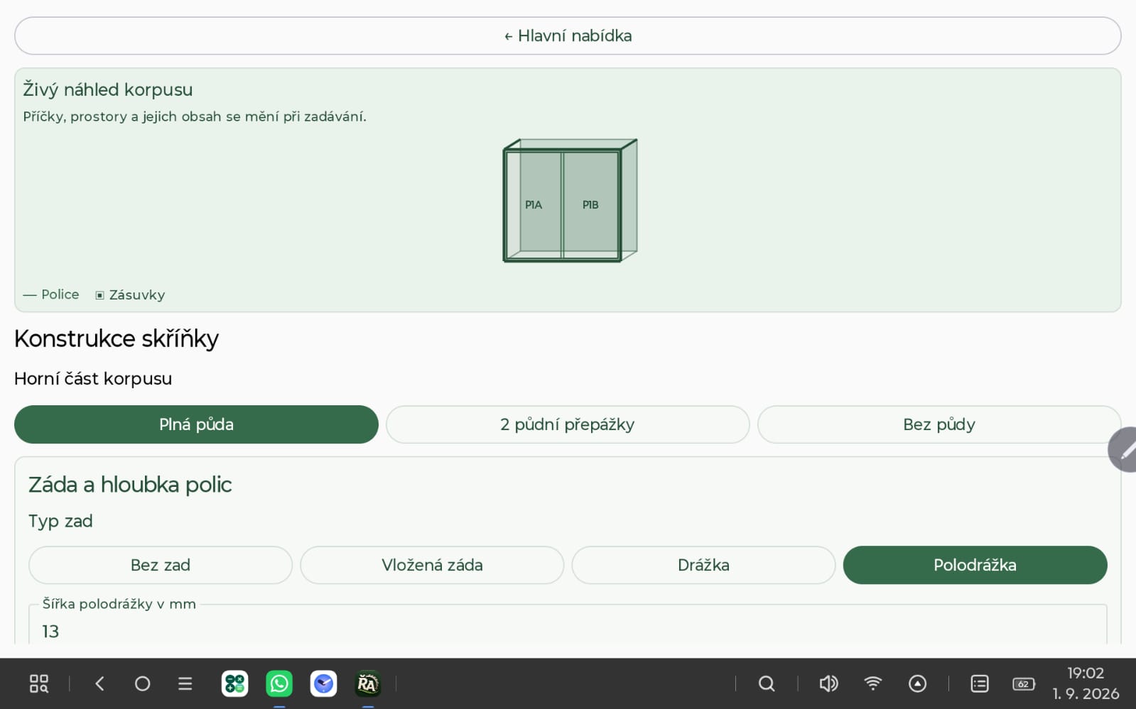 Konstrukce skříňky v aplikaci ŘezAsistent