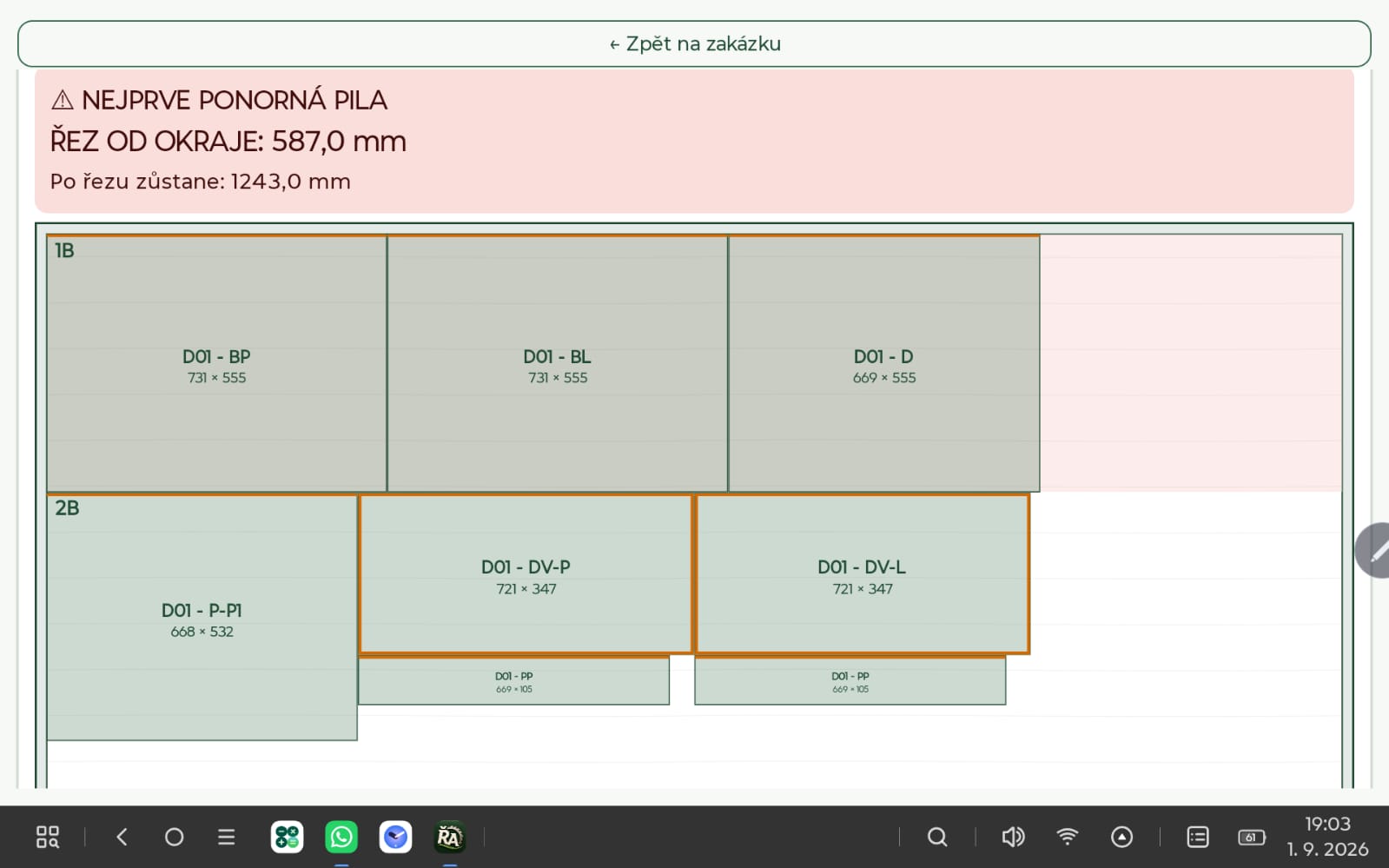 Detail rozložení dílců v nářezovém plánu