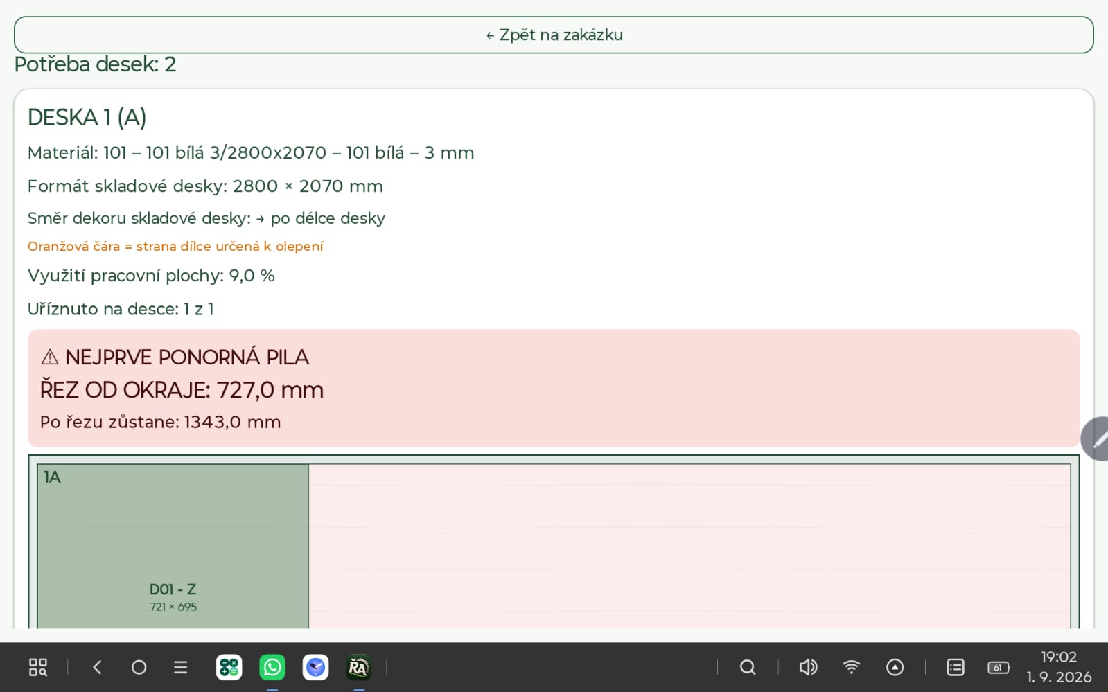 Přehled nářezového plánu v aplikaci ŘezAsistent
