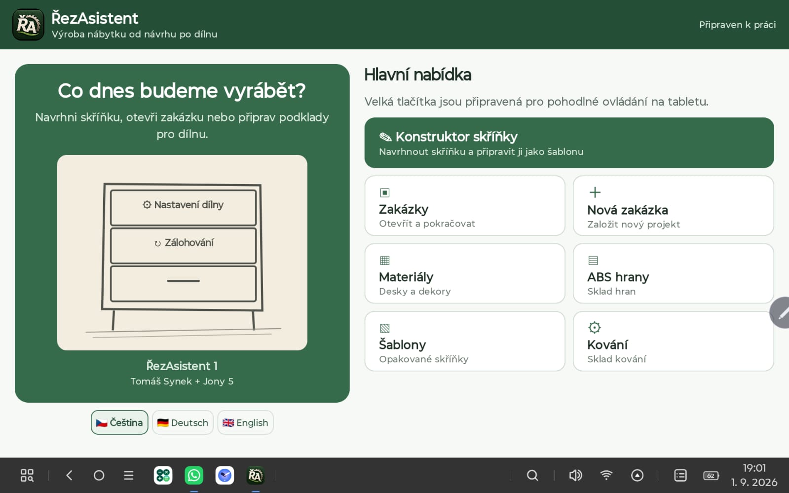 Hlavní nabídka aplikace ŘezAsistent