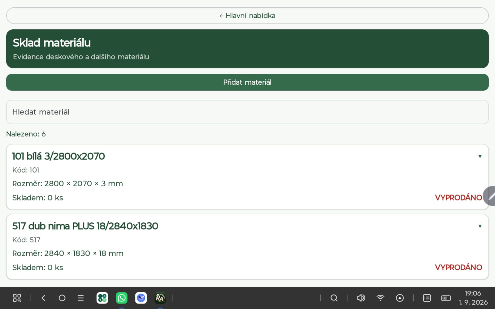 Sklad materiálu v aplikaci ŘezAsistent