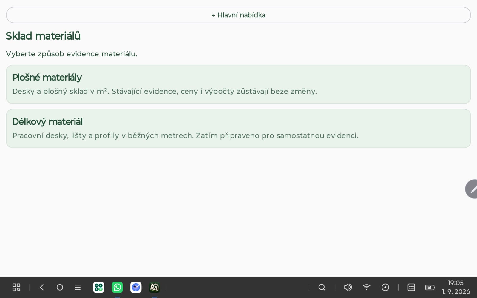 Rozcestník skladu materiálů v aplikaci ŘezAsistent